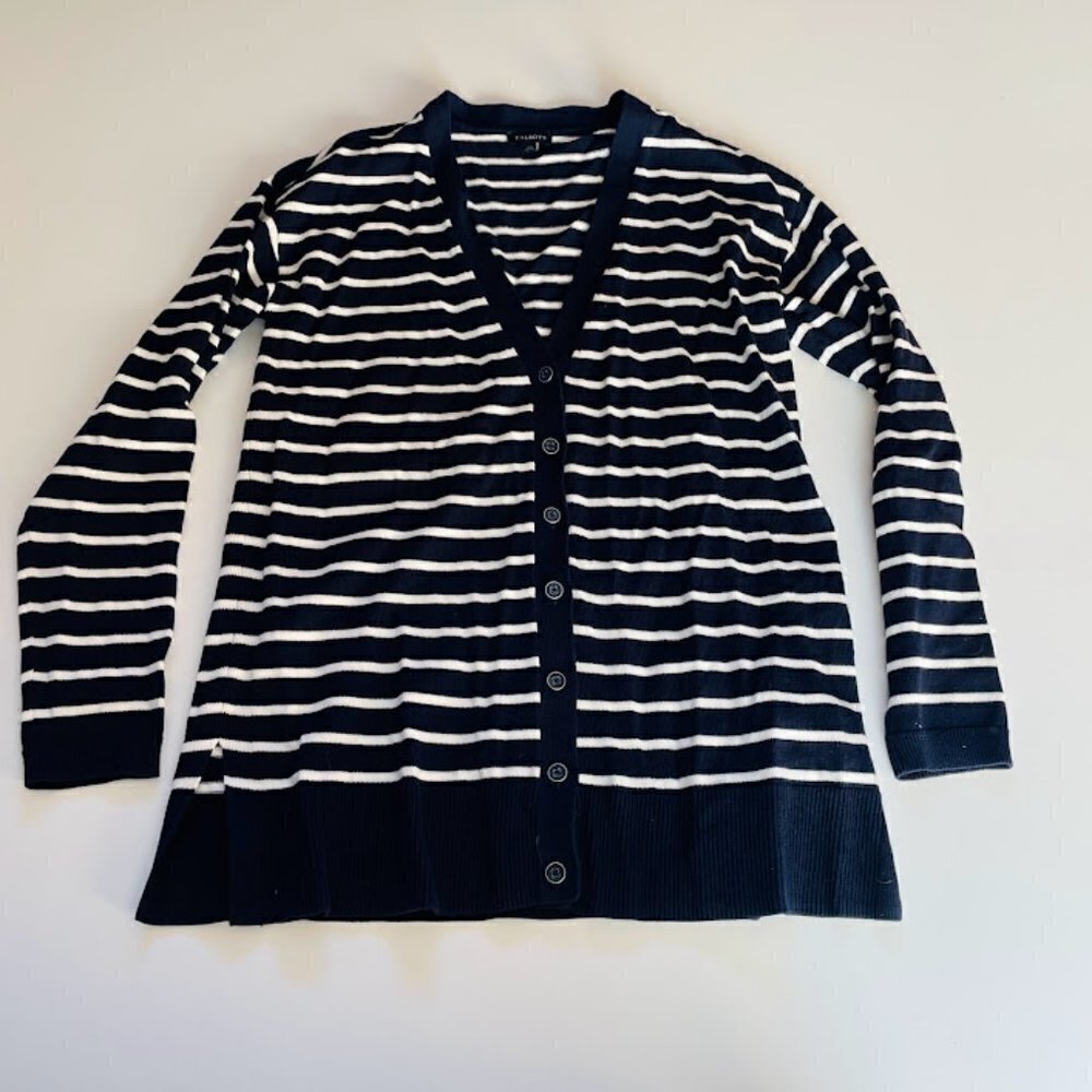 Talbots Cardigan Sweater Button Down V Neck Stripe Knit Nautical Cotton Preppy